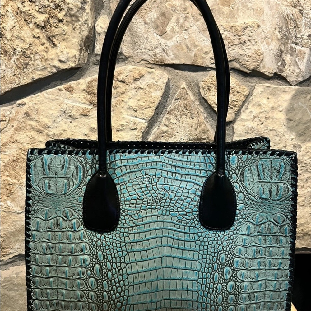 Elegant Crocodile-Embossed Teal and Black Tote